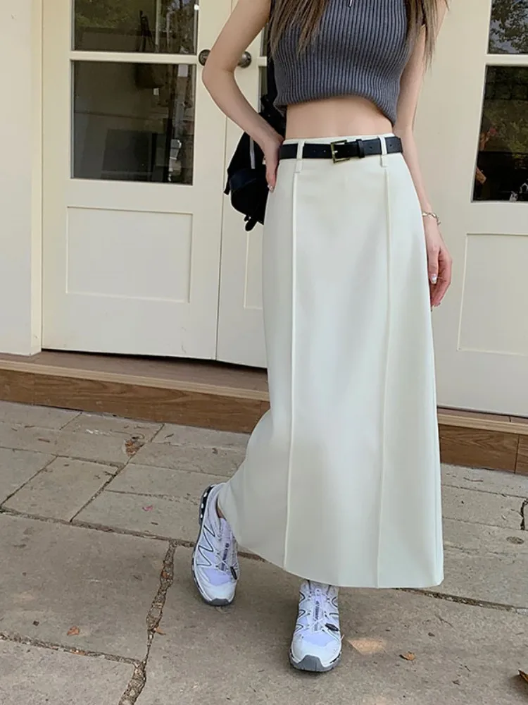 S-XL3Colors Women Long Skirt Spring Summer 2023 Korean Style High Waist Skinny Pencil Suit Long Skirts Female+belt(75098