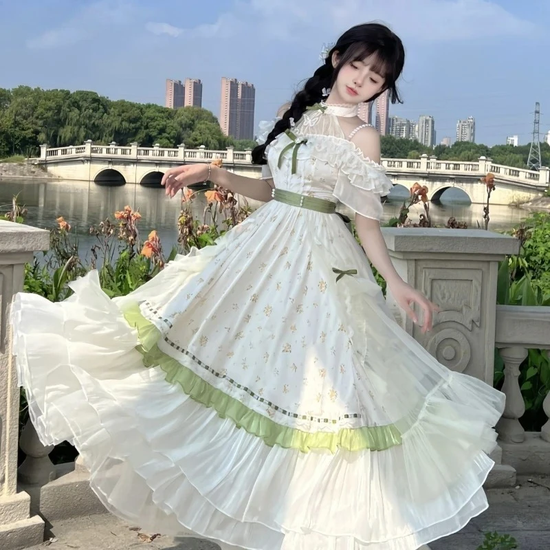 Japanese Elegant princess Party Dress Women sweet bow Ruffles Off Shoulder floral long Dresses Victorian Vintage Lolita OP Dress