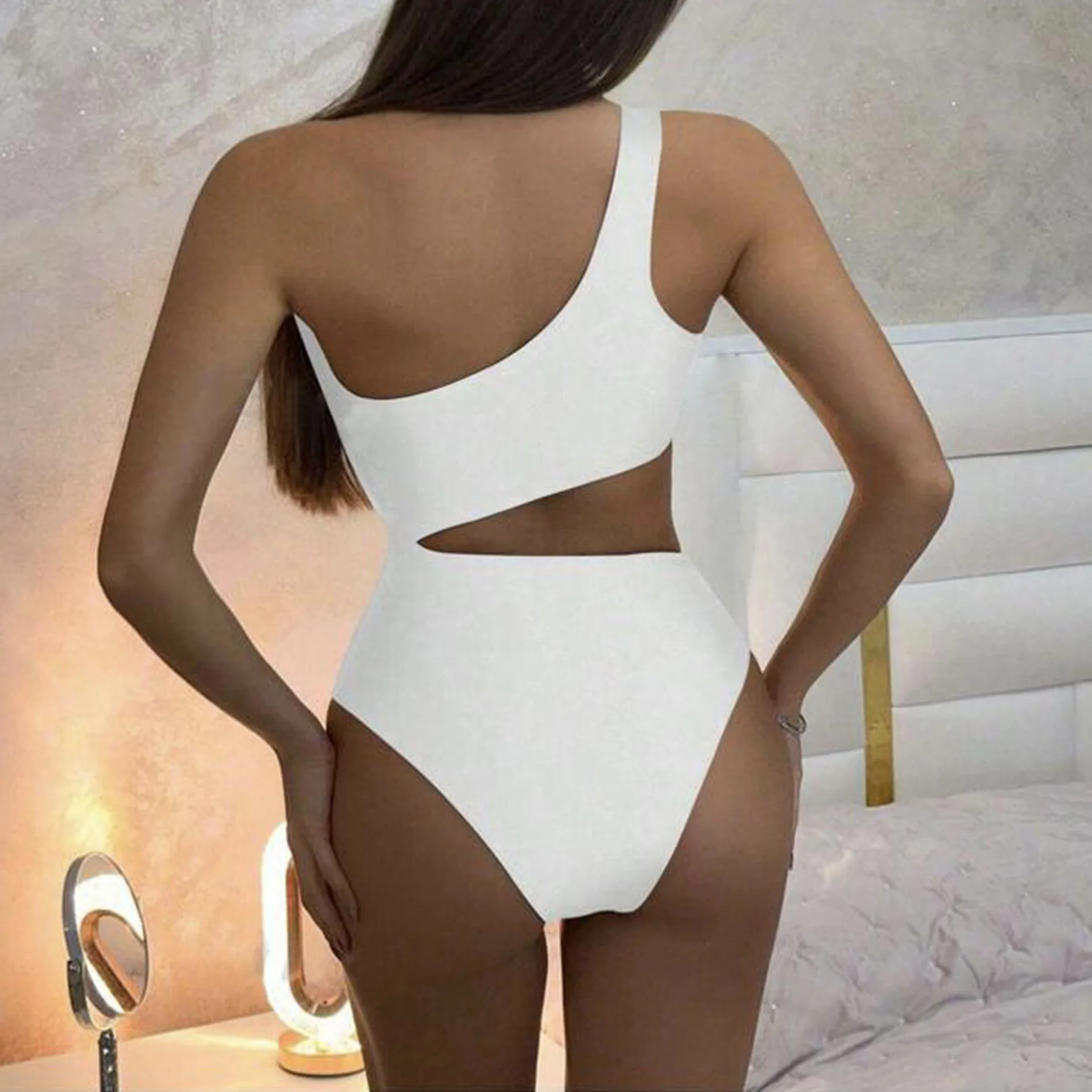 2025 Sexy One-Shoulder Monokini Women’s Floral Cutout One-Piece Swimsuit High Leg Design & Adjustable Ties Trendy Beach Holiday