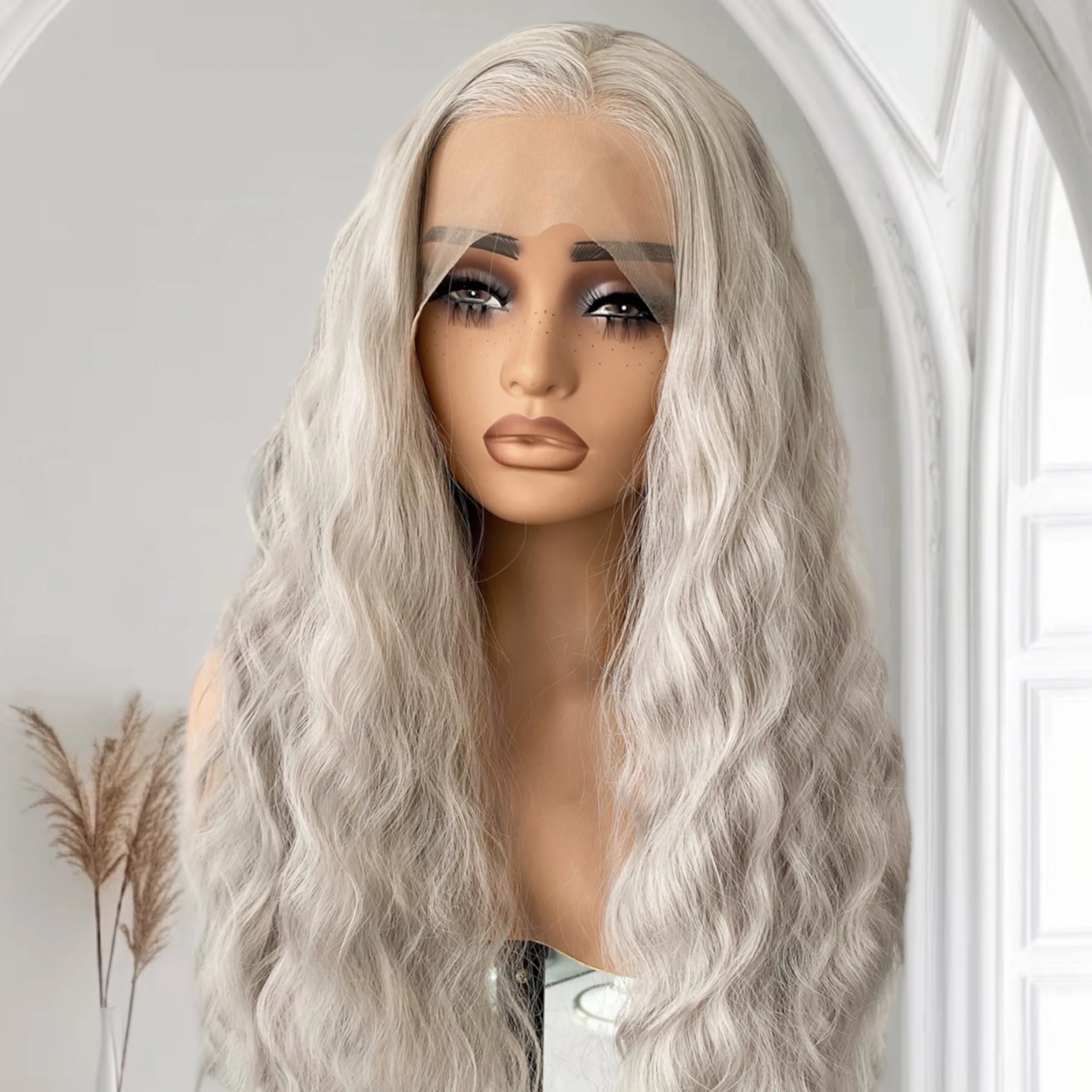 Wig Renda Pirang Abu Wig Depan Renda Sintetis Gelombang Dalam Panjang untuk Wanita 13X4 Garis Rambut Alami Tanpa Lem Penggunaan Sehari-hari Pesta Cosplay