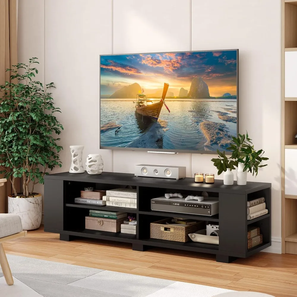 Contemporary Wood TV Stand for 65-Inch TVs, Entertainment Center with 8 Open Storage Spaces and Adjustable Shelves