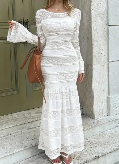 

2025 Autumn/winter Vacation Elegant New Fashion Casual Horn Long Sleeve Hip Wrapped Skirt Dress Women's Wear