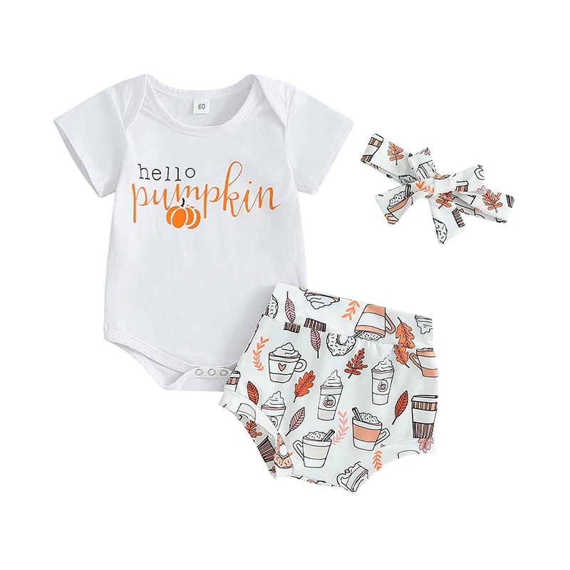 

Baby Girls Shorts Set, Short Sleeve Letters Pumpkin Print Romper with Drinks Print Shorts and Hairband Halloween Clothes