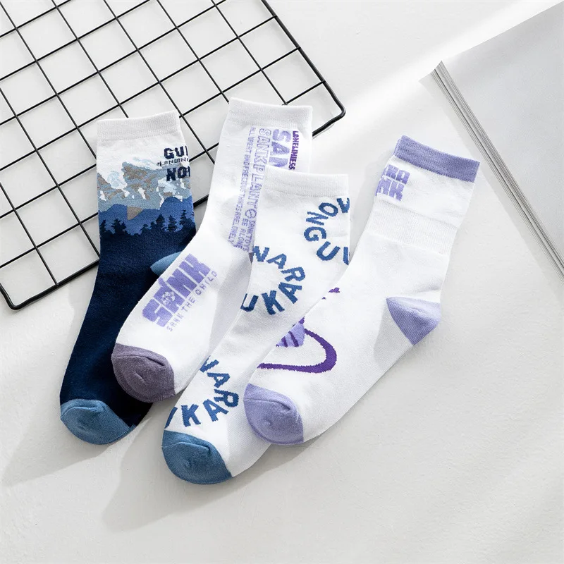 

New Snow Mountain Purple Trend Men and Women Socks Cotton Harajuku Funny Letter Fashion Hip HopSkateboard Soft Korea Long Socks