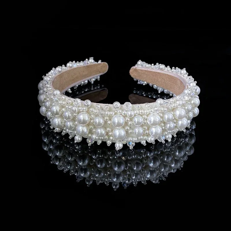 Handmade Full Pearl Baroque Headband Beaded Hairband For Women Girls Wedding Hair Jewelry