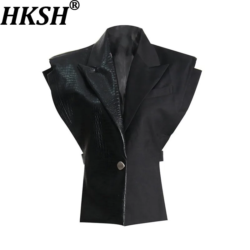 

HKSH Autumn New Women Waistcoat Faux Leather Patchwork Sleeveless Single Button Dark Techwear Chic Ins Streetwear Jacket HK11209