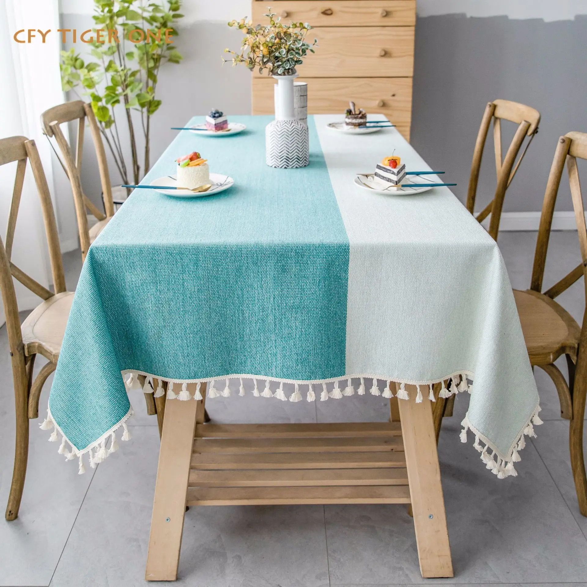 American Style Dual Color StitchingTablecloth Antifouling Rectangular Tablecloth Washable and Oil Resistant Coffee Table Cover