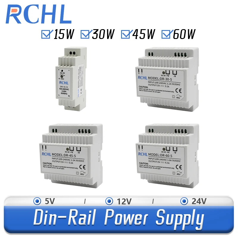 

RCHL DR-15/30/45/60 Switching Power Supply 5V 12V 24V DIN Rail Power Supply Industrial Transformer Small Volume 4.2A 6.5A 7.5A