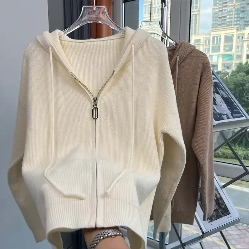 

DAYIFUN-Women's Long Sleeve Hooded Sweaters Zipper Jumpers Female Knitted Cardigans Loose Tops French Clothing Autumn New 2024