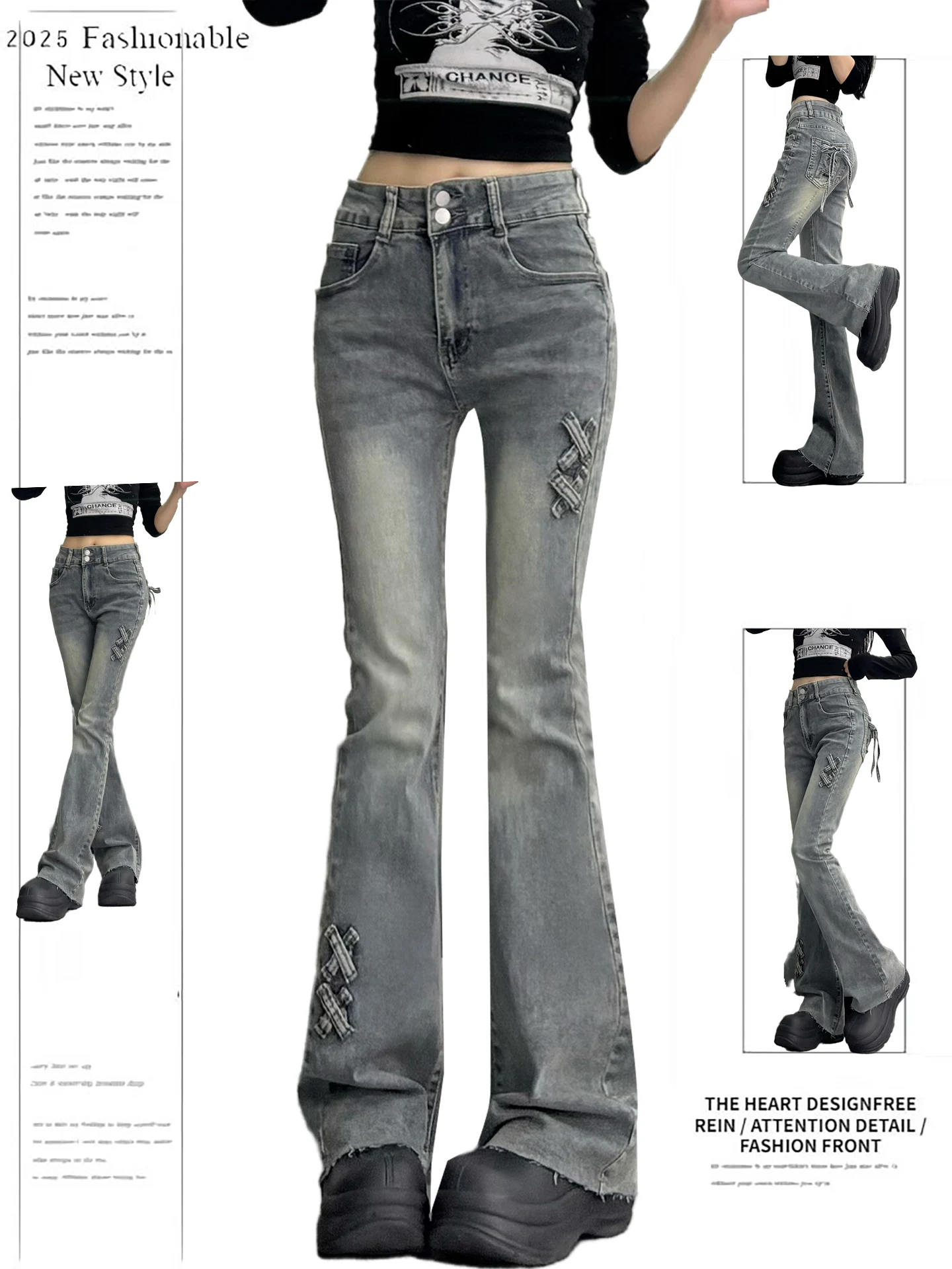 Damskie jeansy w stylu retro, wyszczuplające, z podwójnym wiązaniem, z wysokim stanem, elastyczne, rozszerzane, długie do podłogi.