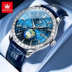 OLEVS Quartz Watch for Man Luxury Diamond Blue Leather Stainless steel Wristwatch Starry Sky Globe Luminous Dial Men's Watch