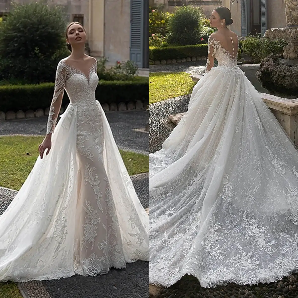 

Robe De Mariee Sexy Beach Mermaid Wedding Dresses Lace Applique Sheer Neck Long Sleeve Backless Bridal Dress Detachable Train