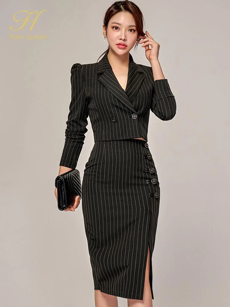 H Han Queen Autumn Winter Stripes Occupation 2-Piece Suits Women Elegant Blazer & Simple Sheath Pencil Skirts Korean Casual Set