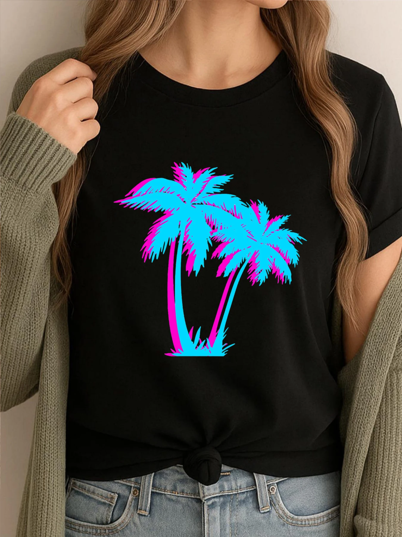 

Пляжные Vaporwave Palm Tree Gift Эстетические тропические пальмы Синие розовые хлопковые футболки с рисунком Роскошные брендовые топы и футболки