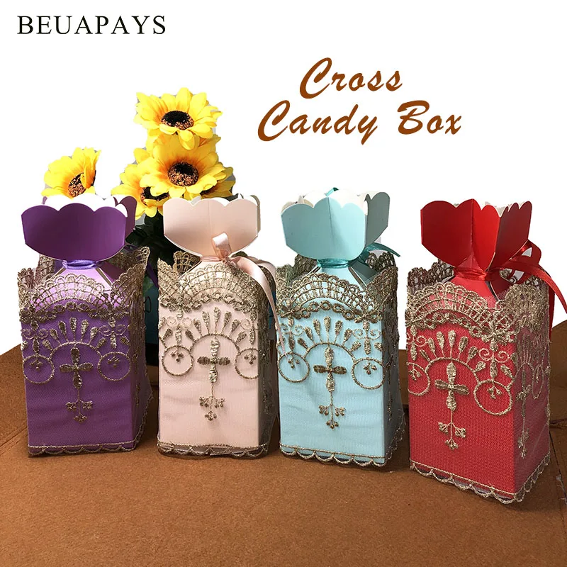 20pcs Cross Candy Box Coral Velvet Bag Gold Lace Fabric Christianity Catholicism Sewing Bilateral Water-soluble Party Favors