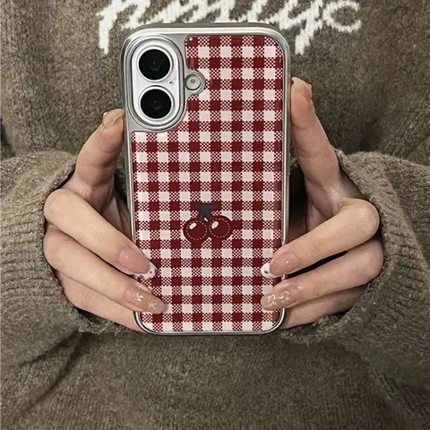 한국 인스타 감성 니치 체크 체리 리본 폰 케이스 (아이폰 16E 15 14 13 12 11 Pro Max 7 8 Plus XR XS MAX Y2K 걸 커버)