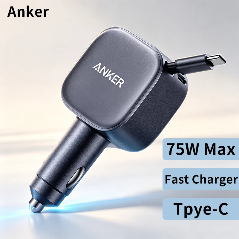 Anker A2738 Nano 75W USB-C Car Charger Built-in Retractable Type-C Cable Fast Car Adapter for iPhone Samsung MacBook