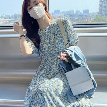 파란색 꽃 달콤한 허리 장착 긴 드레스 새로운 봄 여름 2024 스타일 신선한 차 휴식 여성을위한 첫사랑 드레스