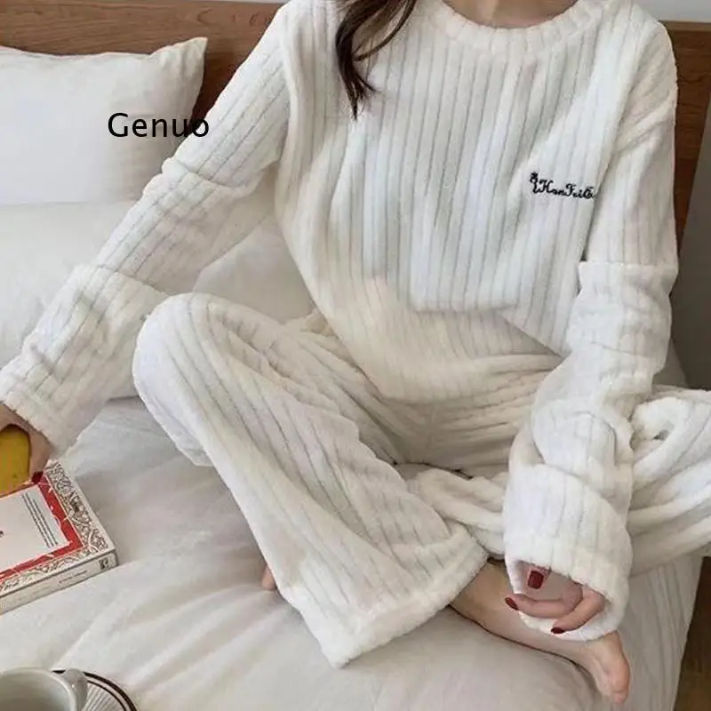 Autumn Plush Pajamas Set Women Thick Warm Winter Pajamas Velvet Loungewear Home Suits Female Casual Loose Sleep Wear 2021