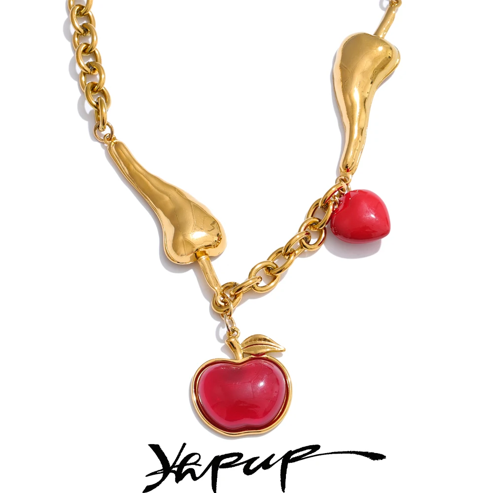Yhpup-Cadena de chile a la moda, Collar dulce con forma de gota de manzana y corazón de resina esmaltada roja, joyería de cuello de acero inoxidable dorado