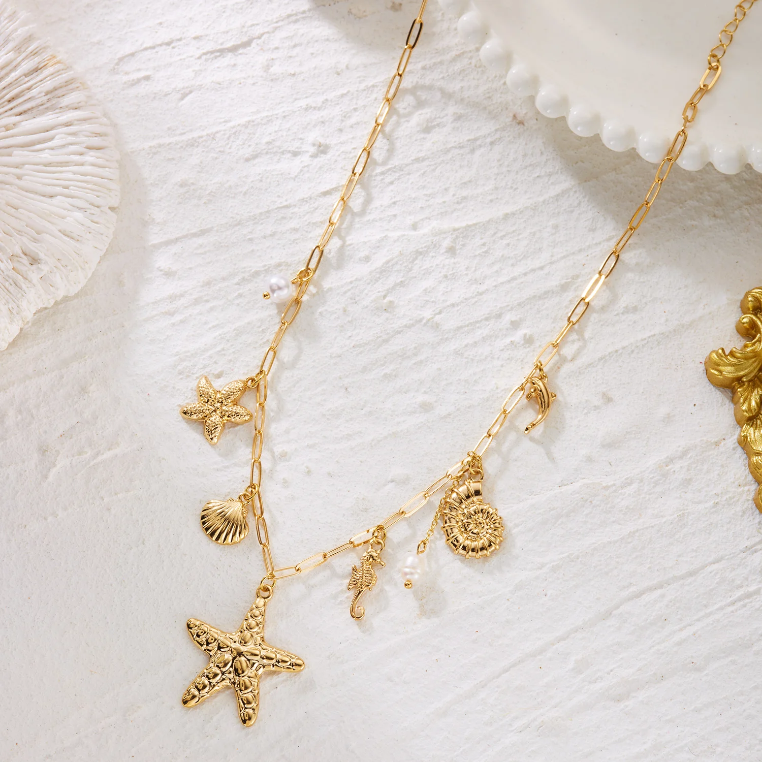 Boho Mehrfach-Anhänger Quasten-Halskette für Frauen Ozean-Serie Korallen-Seestern-Schildkröten-Muschel-Halskette Strand-Schmuck Urlaubsgeschenk – Detail 5