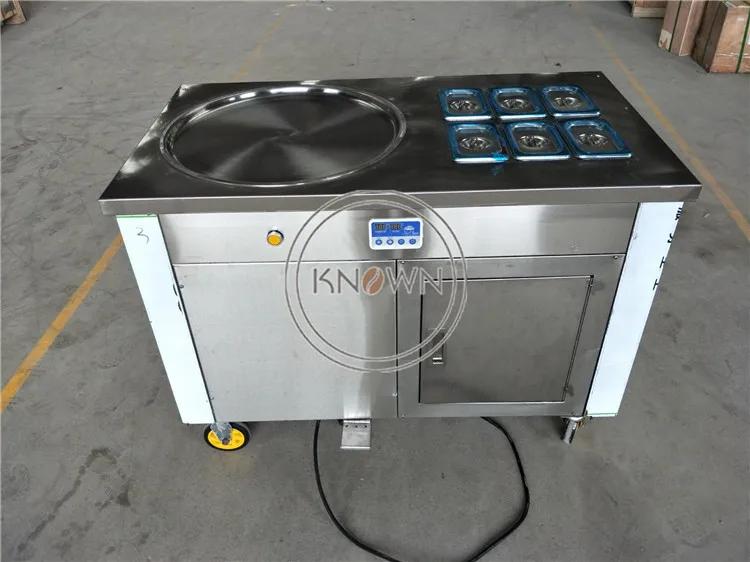 

Hot sale Thai single flat round pan+6tanks fried ice cream machine stainless ice cream rolls maker