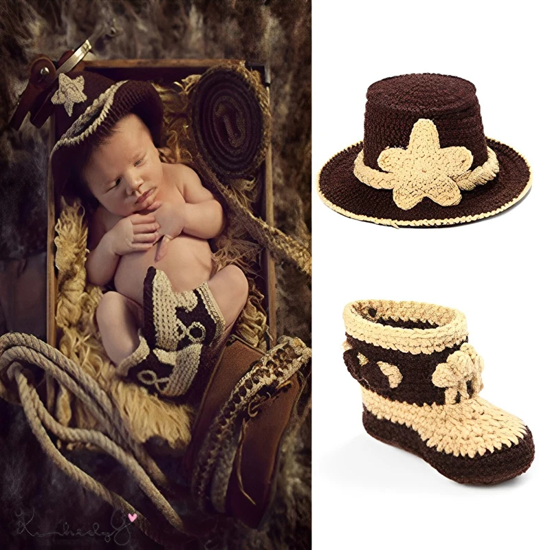 Baby Western Cowboy Costume Hand Knitted Hat Boots Set Newborn Photography Outfits Baby Boy Outfit