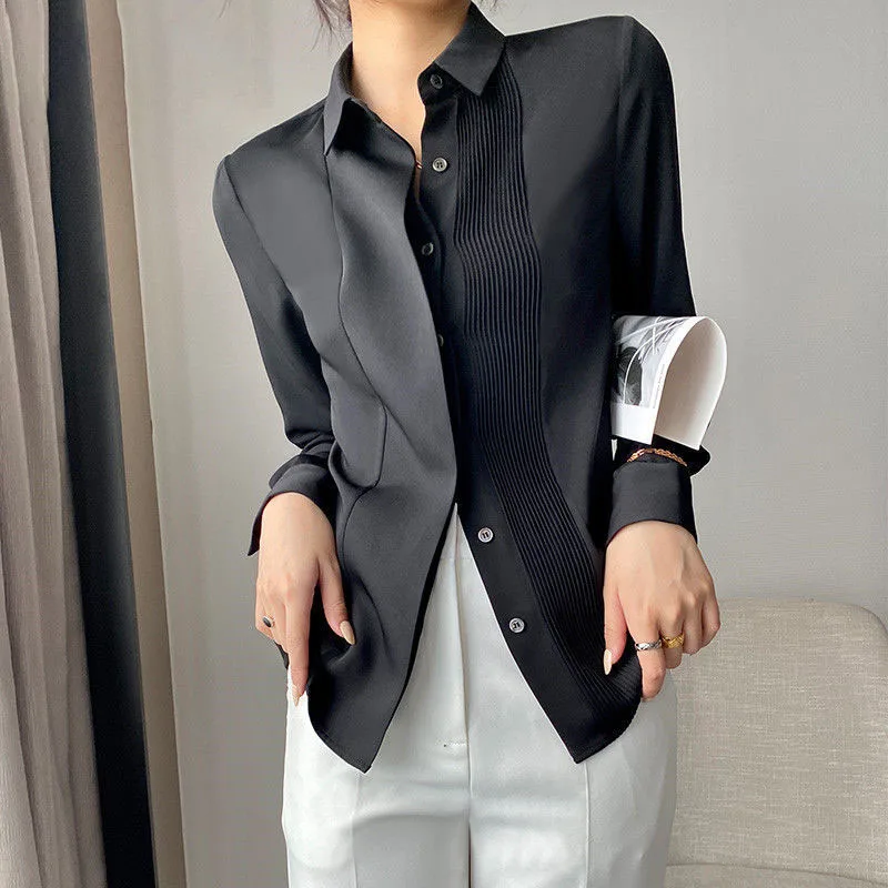 

Spring Autumn Elegant Office Lady Solid Color Polo-Neck Shirt Korean Long Sleeve Folds Fashion Single-breasted Blouse for Female