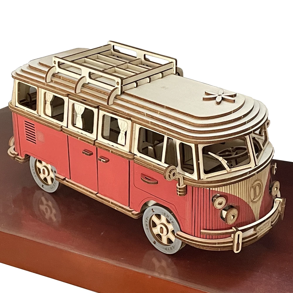 DIY Manual Assembly Model Car Wooden Retro Bus 3D Puzzle Camper Van Children Boy Girl Gift Educational Toys Home Decoration