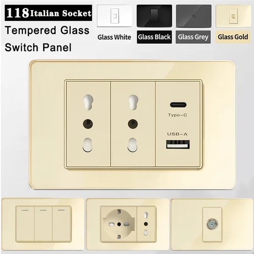 Toma de corriente de pared estándar italiana/Chile de vidrio templado dorado serie 118, 16A con USB Dual tipo C, carga rápida de 20W para el hogar