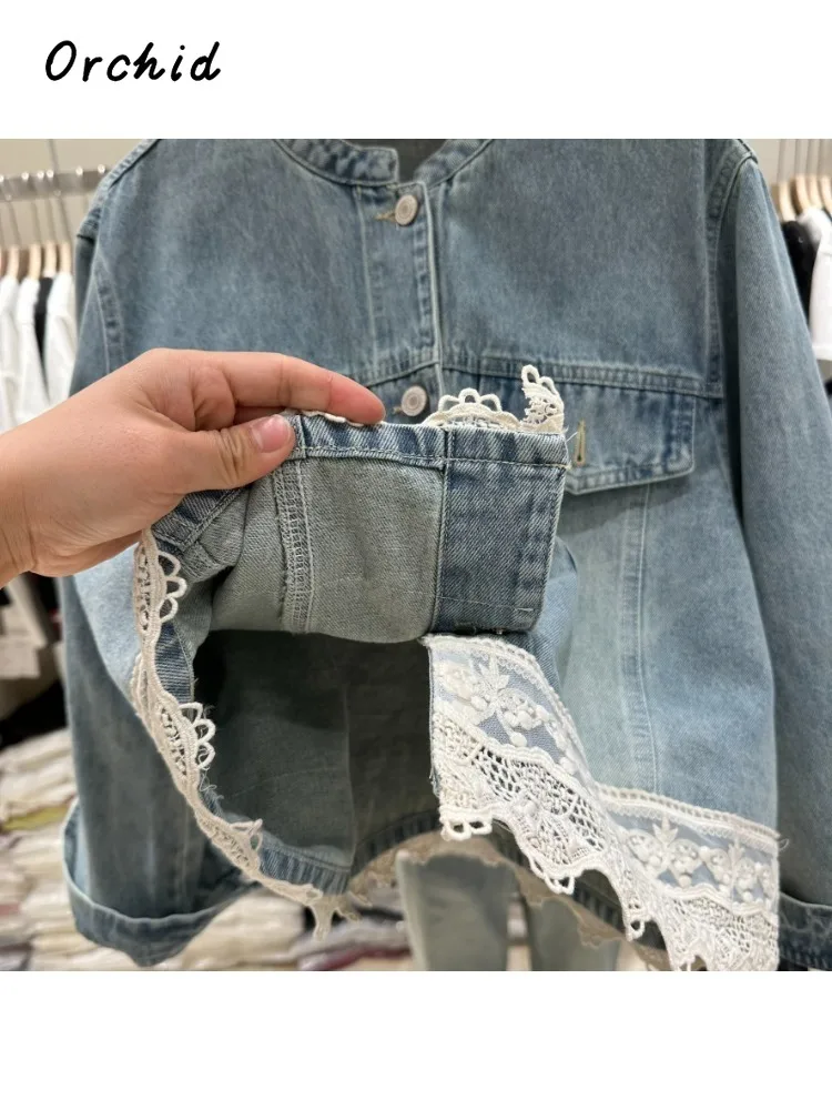 معطف Y2K شتوي كوري أنيق واحد الصدر أزرق Y2K معطف نسائي غير رسمي بياقة مقلوبة من الدانتيل مُزين بقطع القماش سترة دينم كلاسيكية