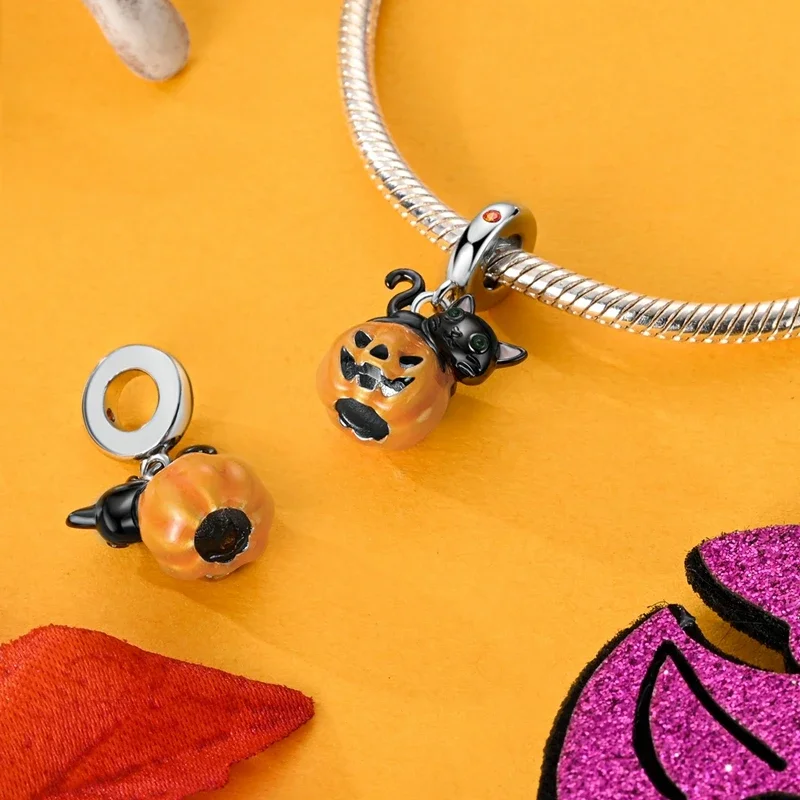 Srebrne zawieszki 925, świecące koraliki z czaszką dyni, zwisają DIY prezent z serii Halloween Charms oryginalna bransoletka dla kobiety biżuteria