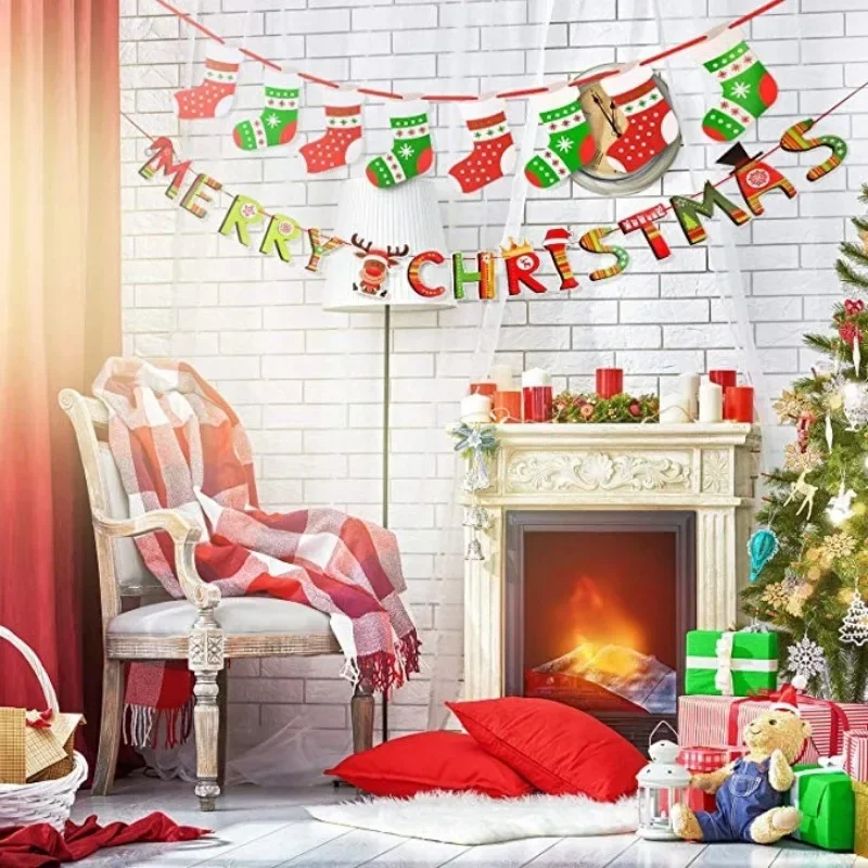 عيد ميلاد سعيد ورقة راية ، سانتا كلوز ، ثلج ، الأيائل ، أعلام معلقة ، شجرة عيد الميلاد الديكور ، لوازم حفلة السنة الجديدة