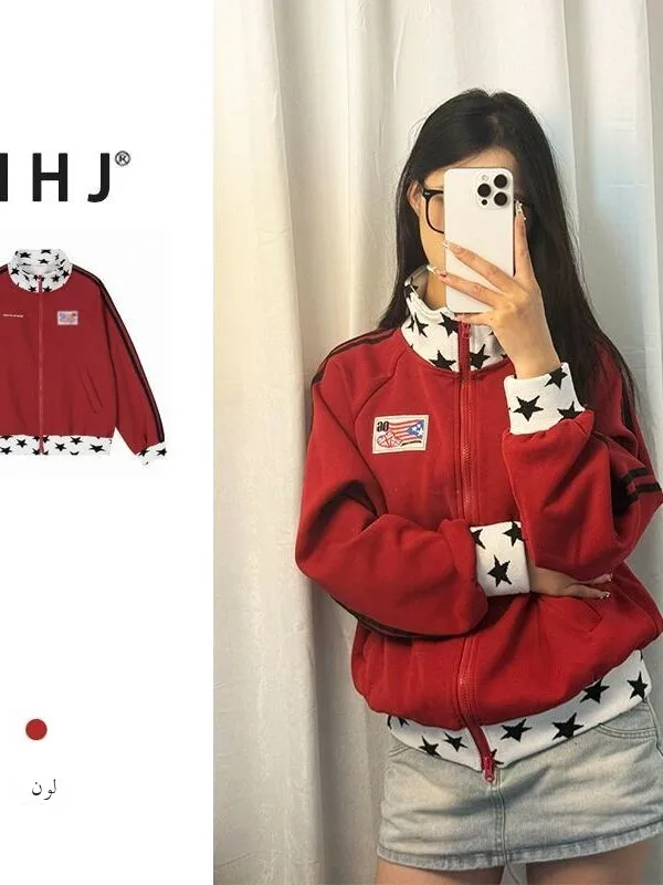 

Retro American Spicy Girl Double Zipper Stand Collar Jaet Women's Loose Sweatirt Design Autumn Winter New Sle Cotton Blend