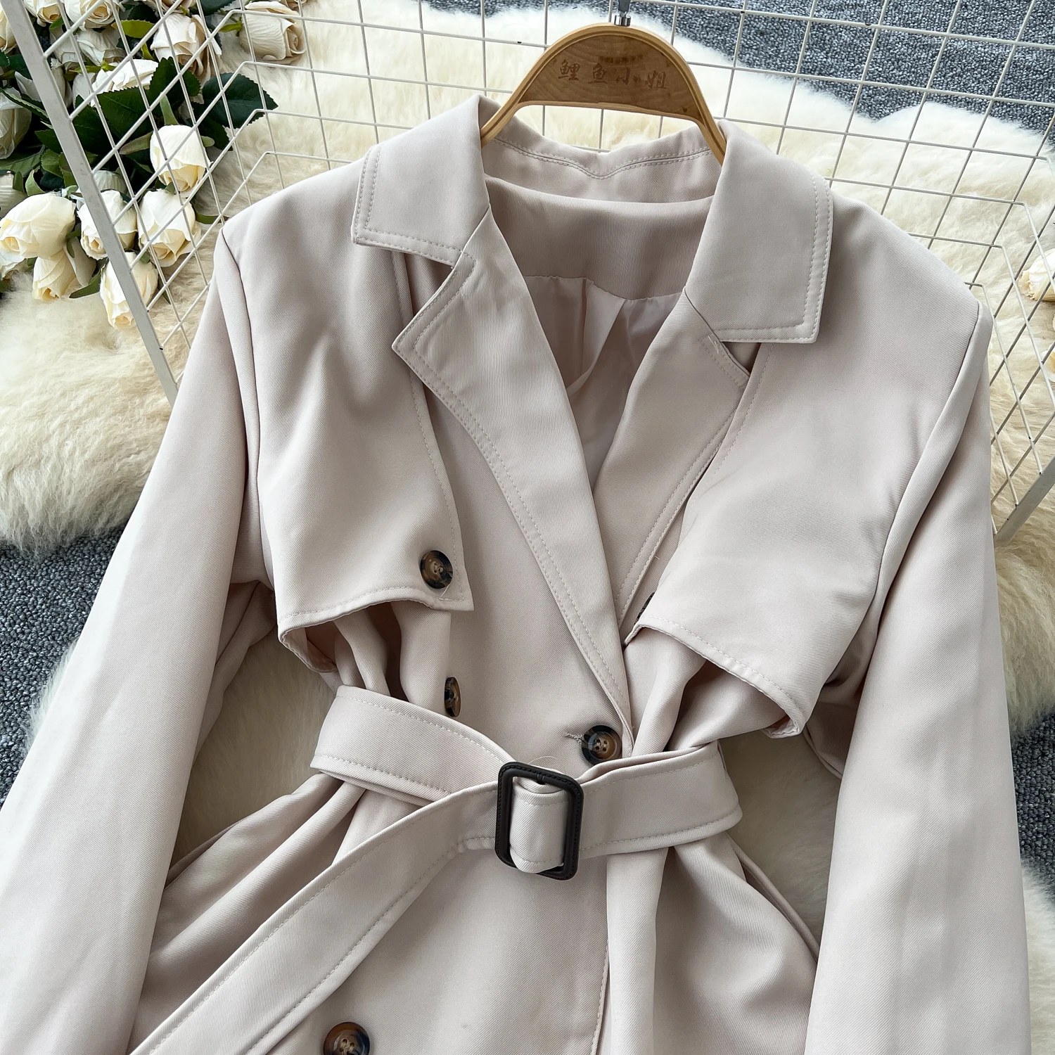 Vintage Notched Neck Chic Double Breasted Long Sleeve Slim Sashes Top Korean Fashion Women Streetwear High Street Autumn Trench