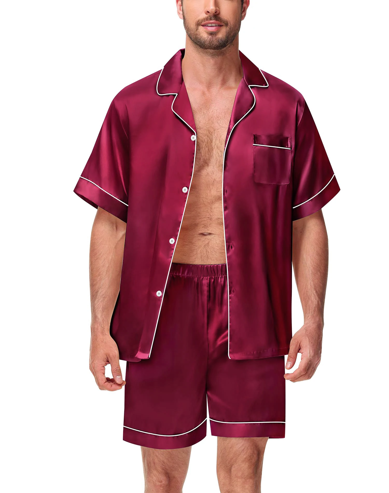 2-teiliges Pyjama-Set aus seidigem Satin für Herren, kurzärmeliges Hemd mit Revers, Brusttasche und Shorts, glatte Haptik, weiche Nachtwäsche, gemütliche Nachthemden – Detail 17