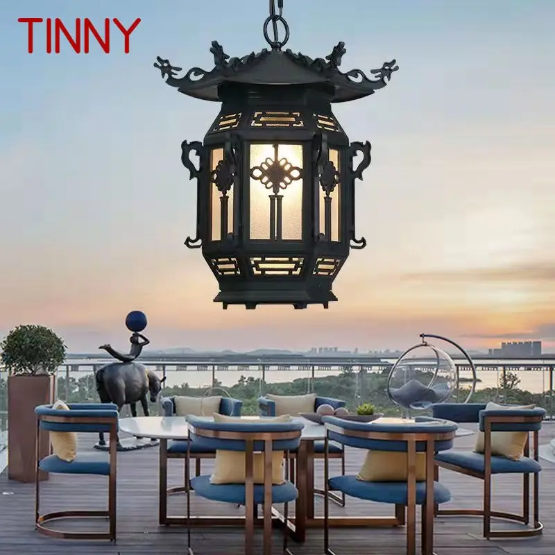 TINNY Chinese Lantern Pendant Lamps Outdoor Waterproof LED Black Retro Chandelier for Home Hotel Corridor Decor Electricity