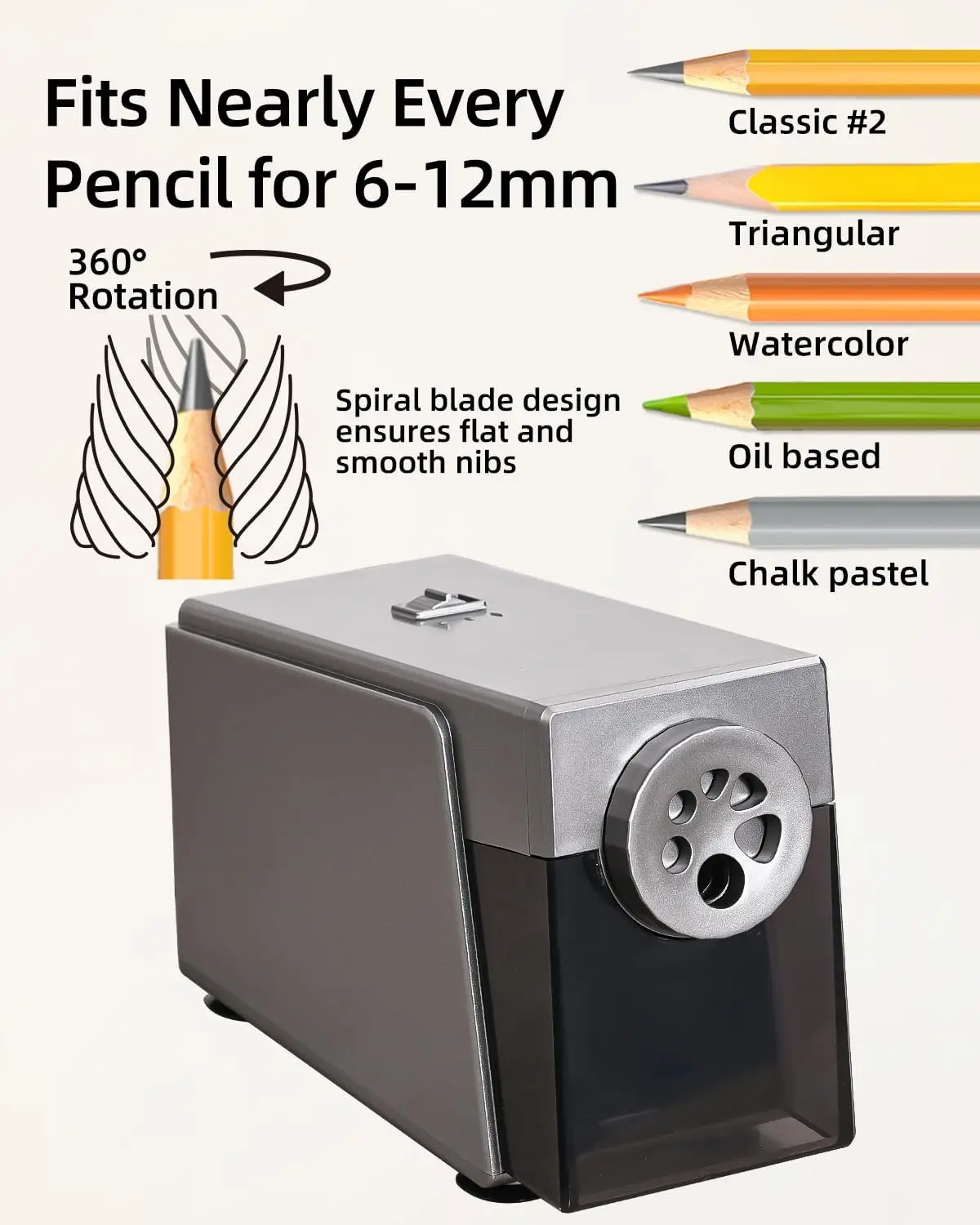 Heavy Duty Electric Pencil Sharpener, 6 Holes, Auto Stop, US Plug, for Classroom & Home Use view 3