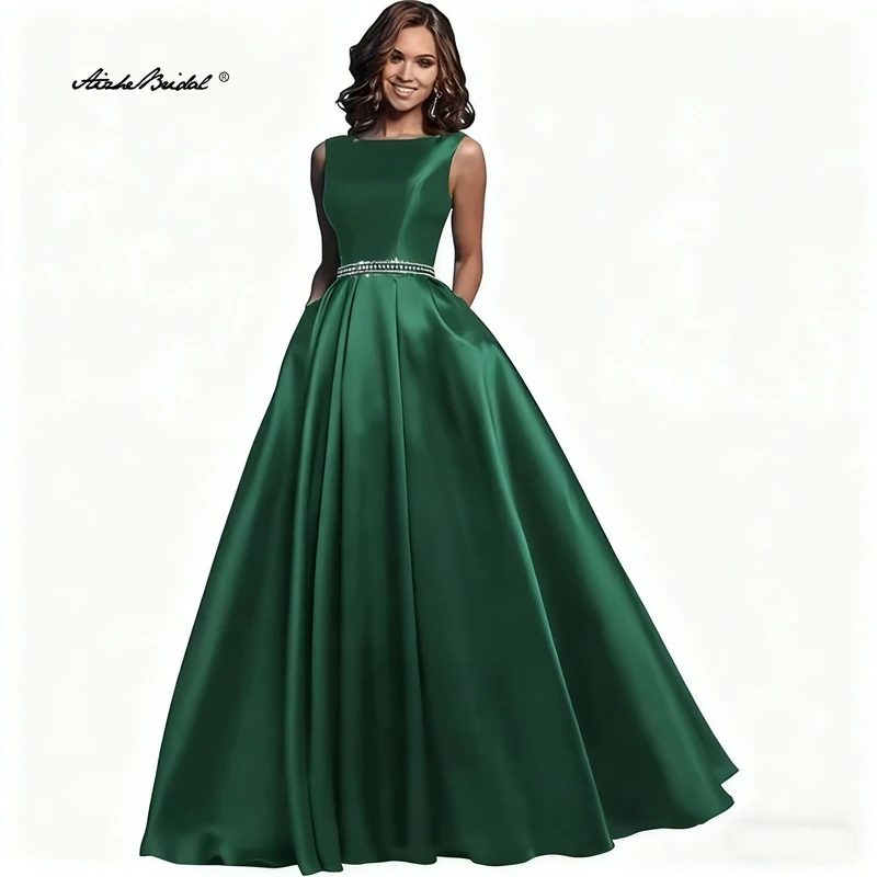 

Женские атласные однотонные платья для выпускного вечера, длинное бальное платье с рюшами и бисером, вечернее вечернее платье с карманами