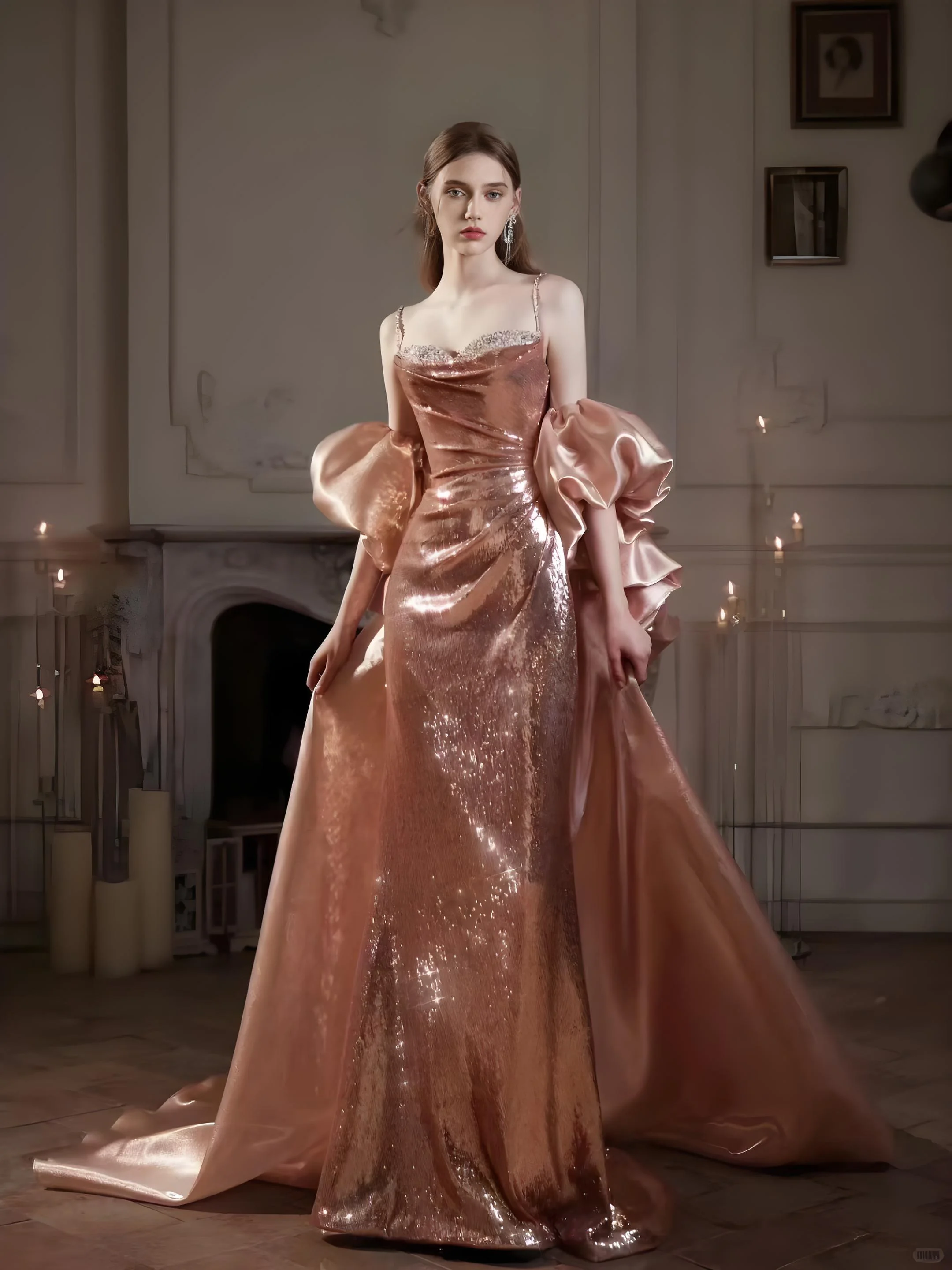 

Mermaid party dress, rose champagne-colored evening dress with a train, custom orders are accepted.