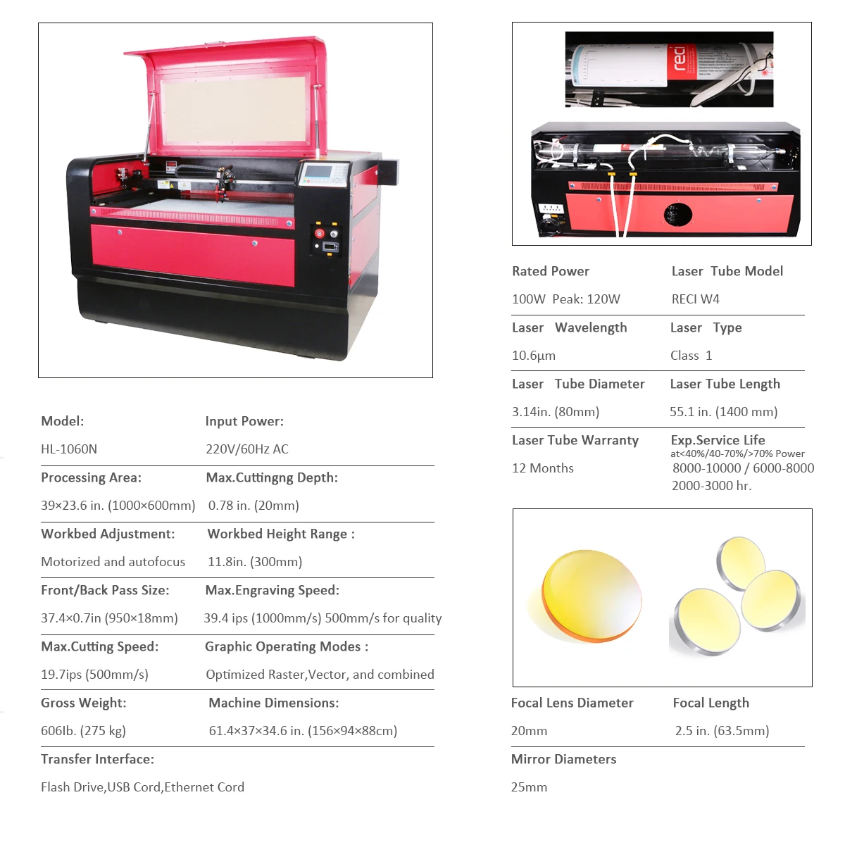 HL 1060N RECI W4 100W CO2 Laser Cutting Engraving Machine RUIDA 6445 Control Laser Engraver For Wood Leather Acrylic