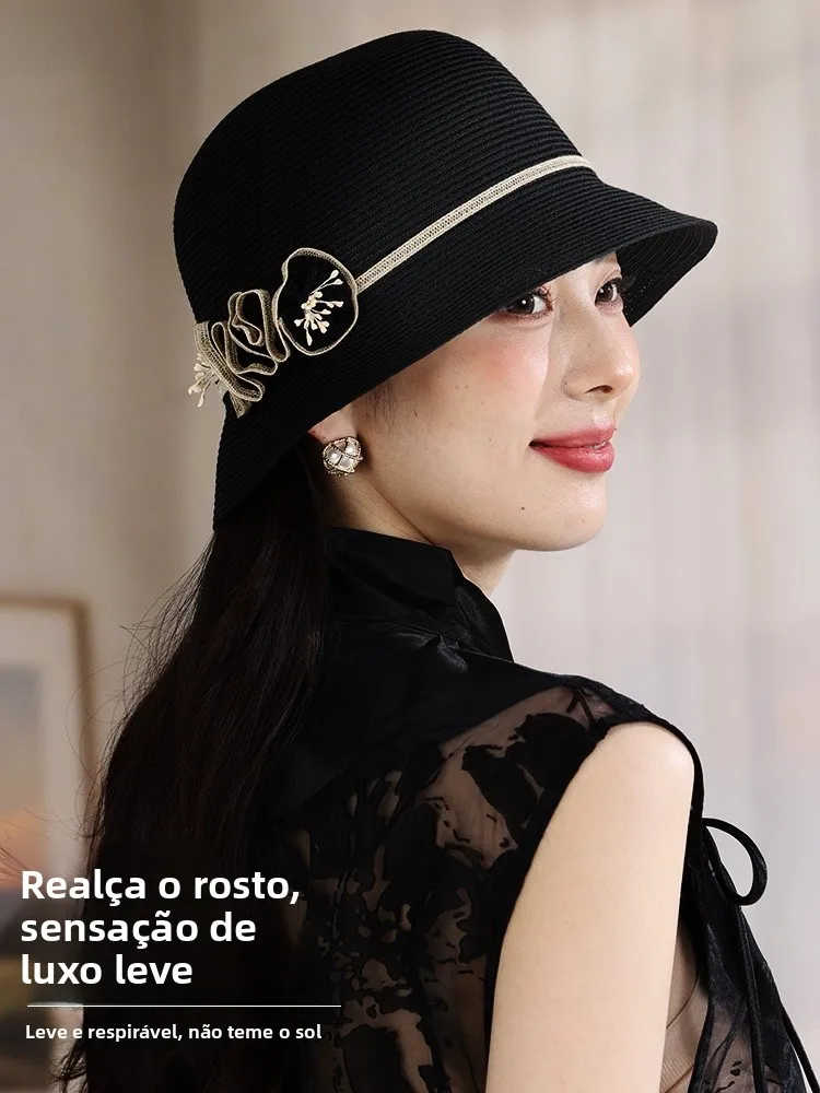 elegant-sun-protection-hat-spring-summer-outdoor-beach-polyester-fiber-adjustable-round-top-hat-for-middle-aged-women