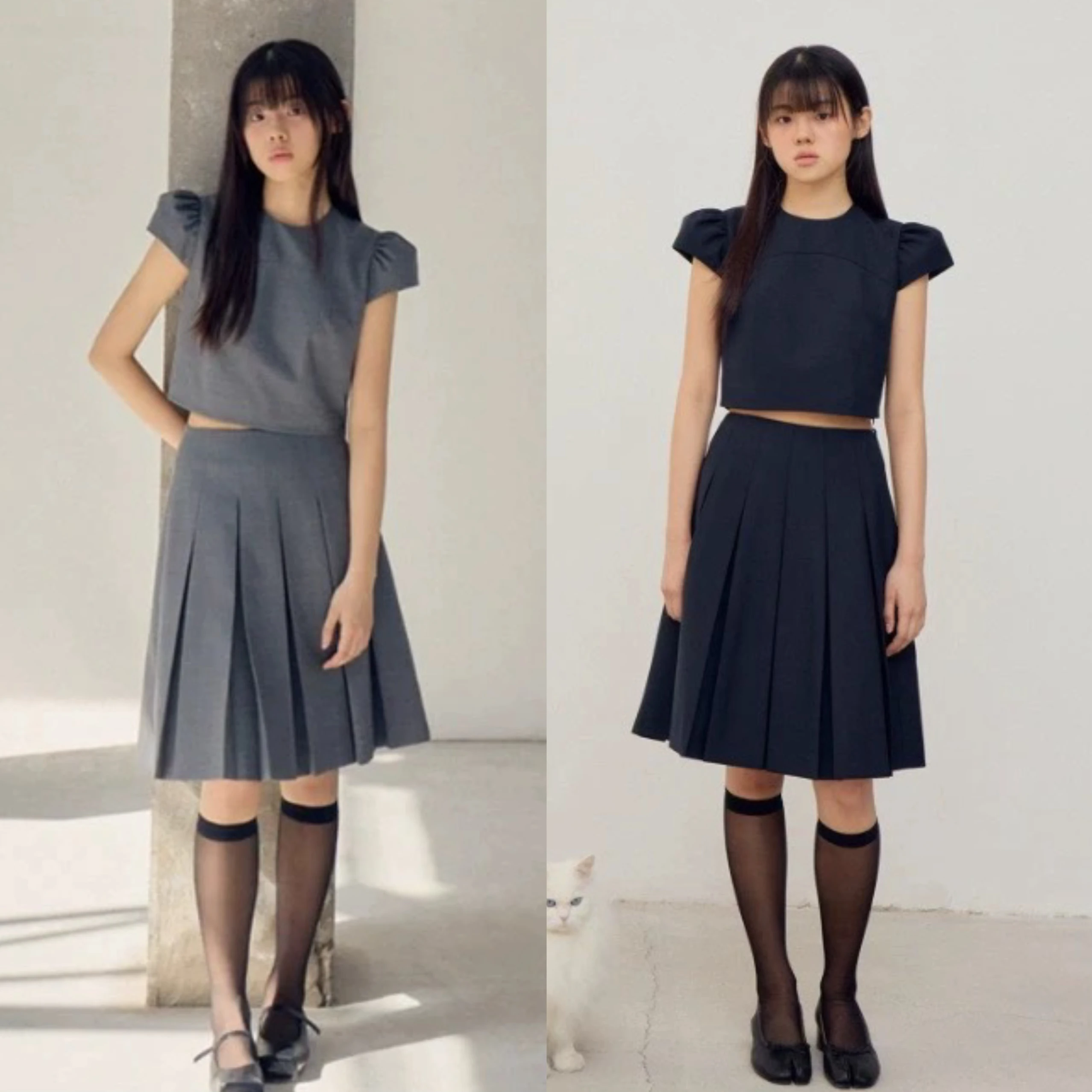 

Bubble Sve School Sle f Skirt Set Faionable Polyester Fabric ort Sve Top And Pleated Skirt Ensemble