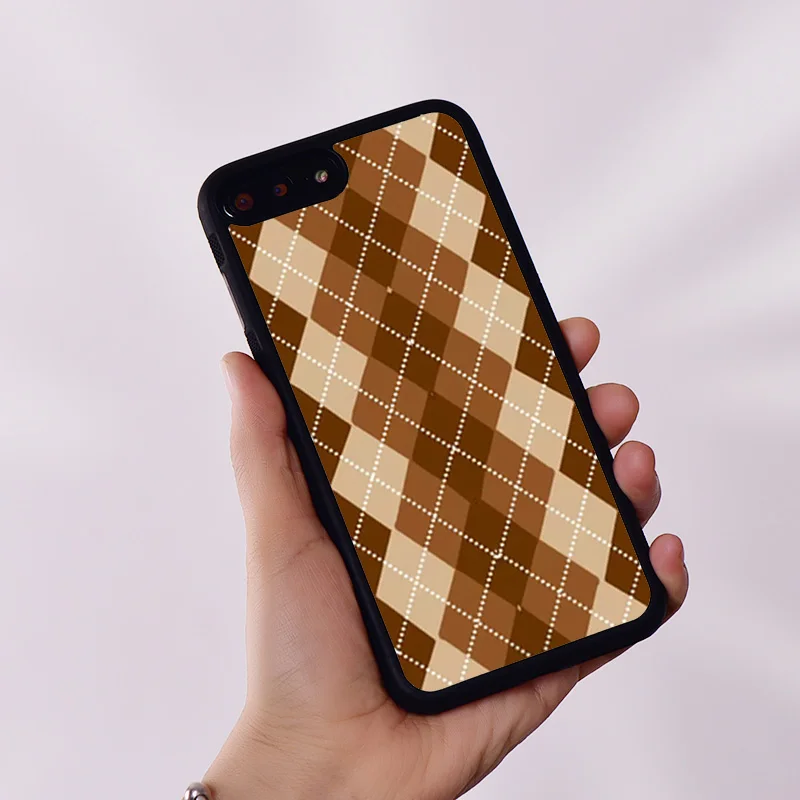 Wildflower Silicone Rubber Phone Case Cover for iPhone 6 6S 7 8 Plus X XS XR 11 12 13 14 15 Mini Pro Max Brown Argyle