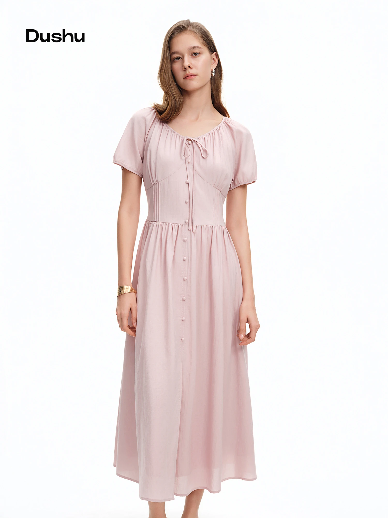 

DUSHU 【Women's French Bowknot Tie Strap Dress】Pink Mist Iced Tea Color 2026 Summer New Arrival Chic Sweet Summer Long Dress