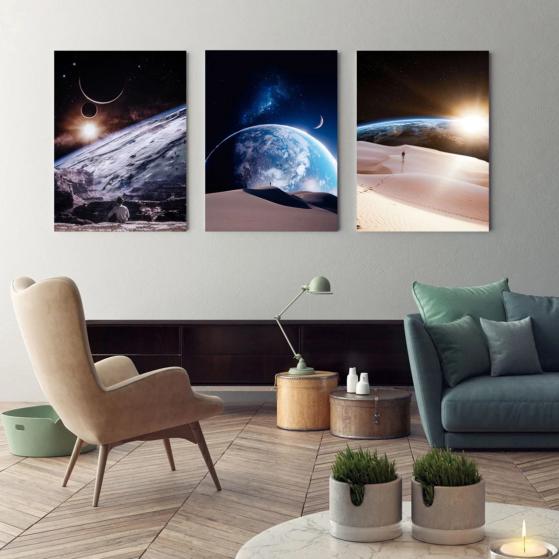 Universe Planet Galaxy Surrealism Future Life Holiday Space Beach Dune Poster Canvas Painting Wall Art Pictures Home Decor