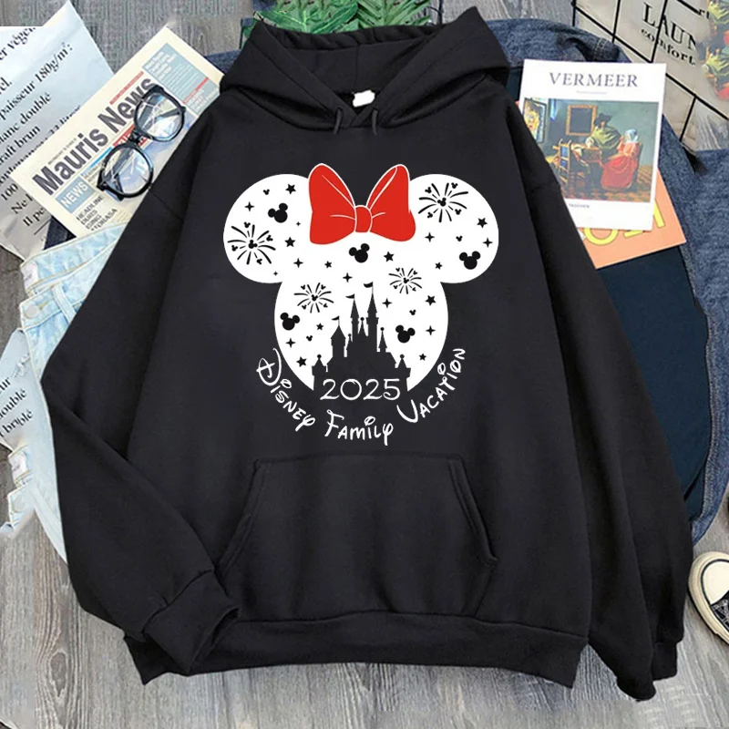 Kawaii Cartoon Disney Family Vacation Printed Hoodies Women Harajuku Aesthetic Graphic Pullovers Unisex Casual Black Sweatshirts