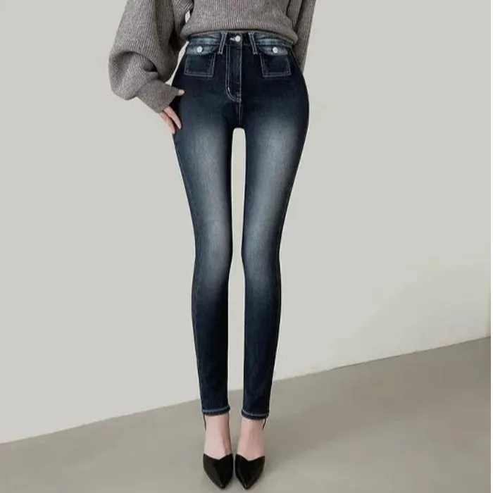 

Sexy Bodycon High Waist Nine Inch Skinny Jeans Women's Wear Faded Denim High Elasticity Slimming Trendy Pure Color All Seasons
