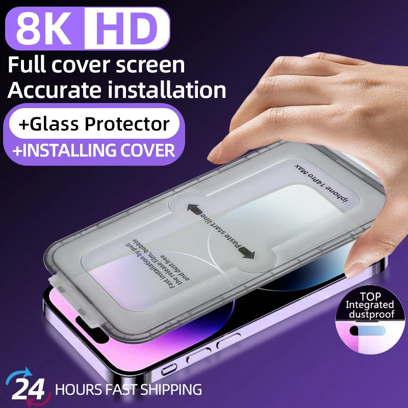 8K High End Tempered Glass Privacy protection Screen Protector For iPhone 15 14 13 12 Pro Max Plus With Alignment Mounte Cover