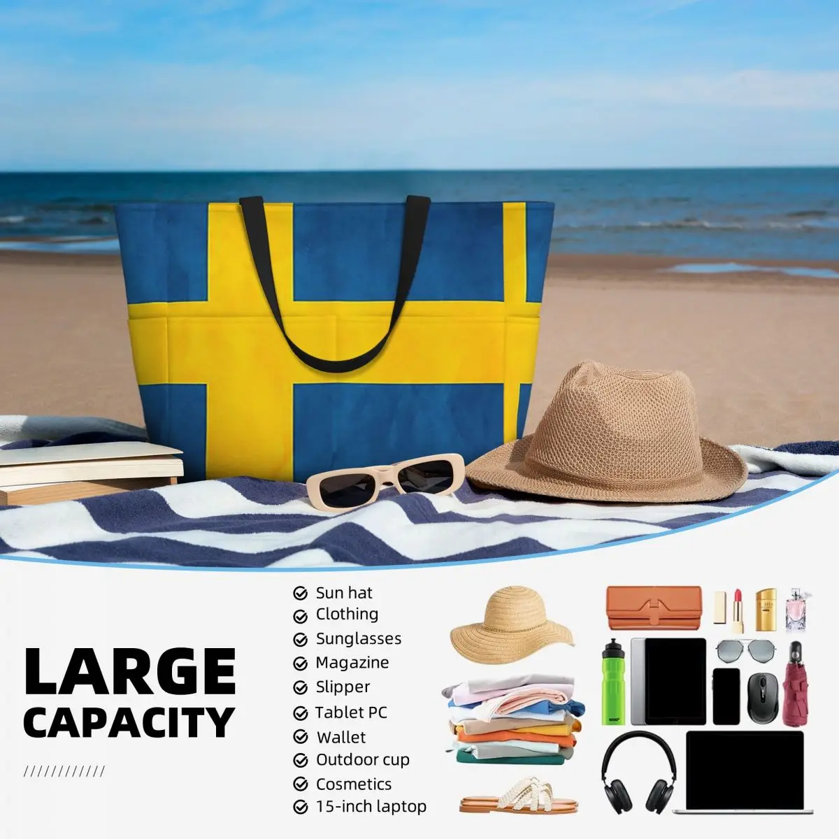 Suécia bandeira sueca praia sacola esporte ginásio yoga duffle grande sacola feminina saco de viagem saco de fitness